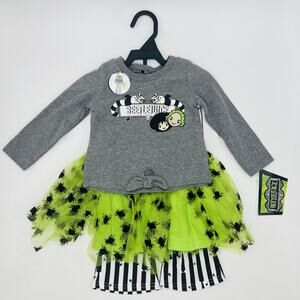 Beetlejuice 12M Toddler Girls 3 Piece Shirt Skirt Pants Set Warner Bros Green